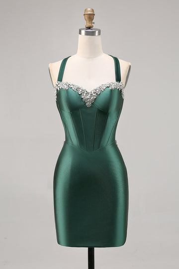 Sparkly Dark Green Satin Corset Short Cocktail Dress